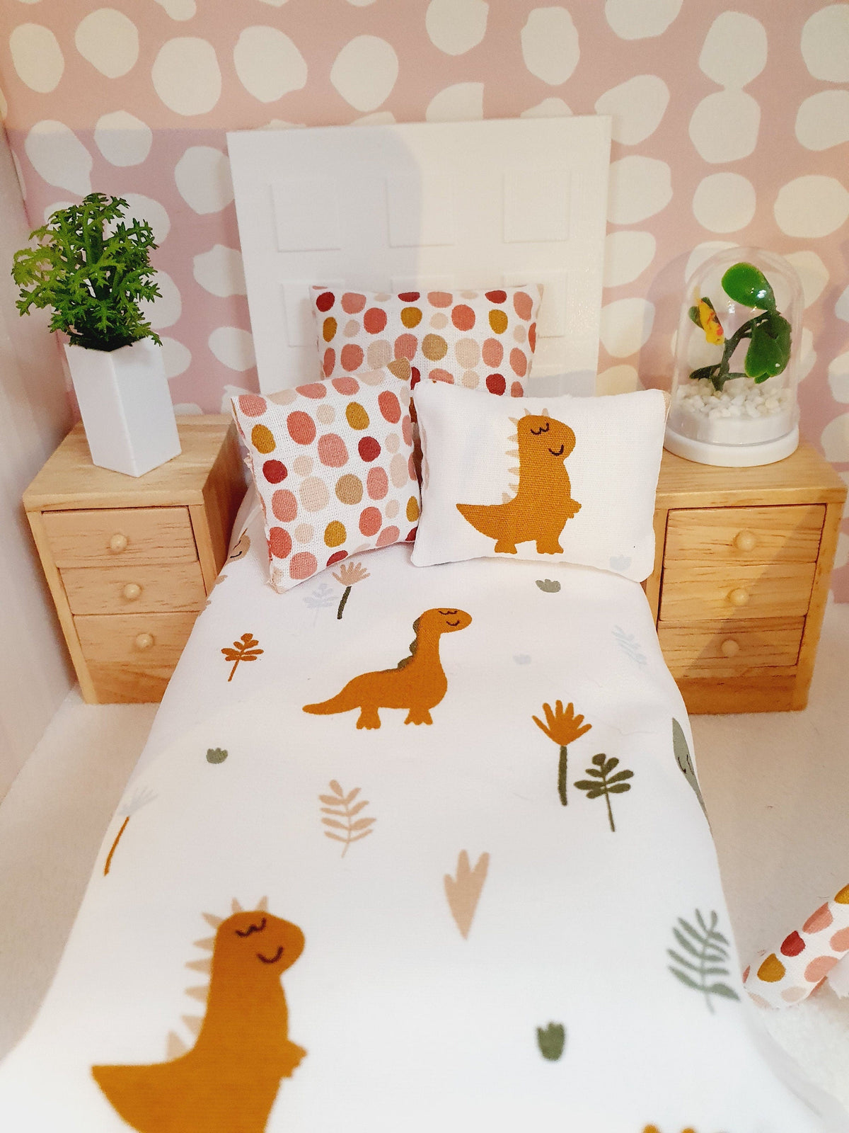 Dolls House Junior Bedding Set – Cute Dinosaur Theme, Handmade in England, 1:12 Scale