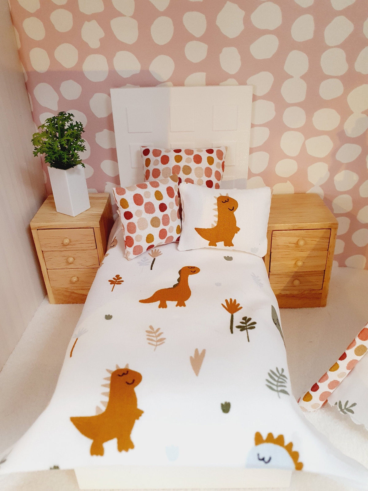 Dolls House Junior Bedding Set – Cute Dinosaur Theme, Handmade in England, 1:12 Scale