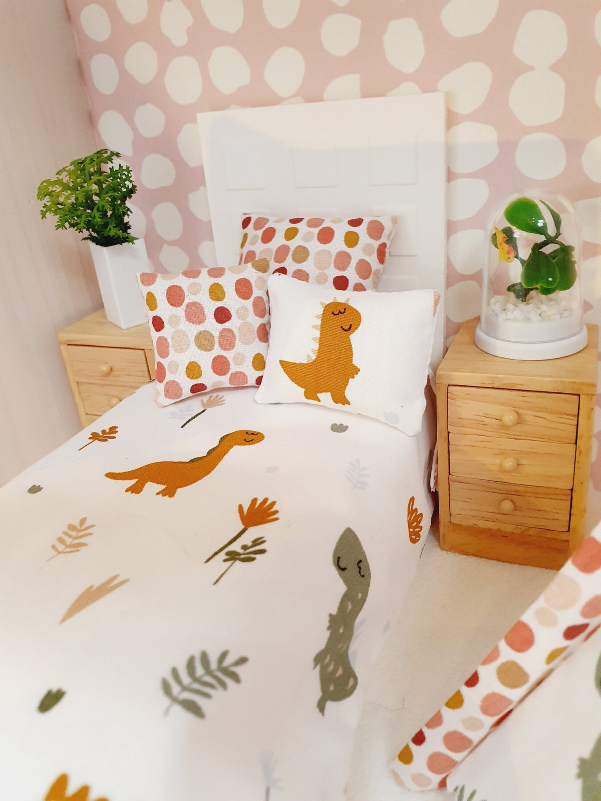 Dolls House Junior Bedding Set – Cute Dinosaur Theme, Handmade in England, 1:12 Scale