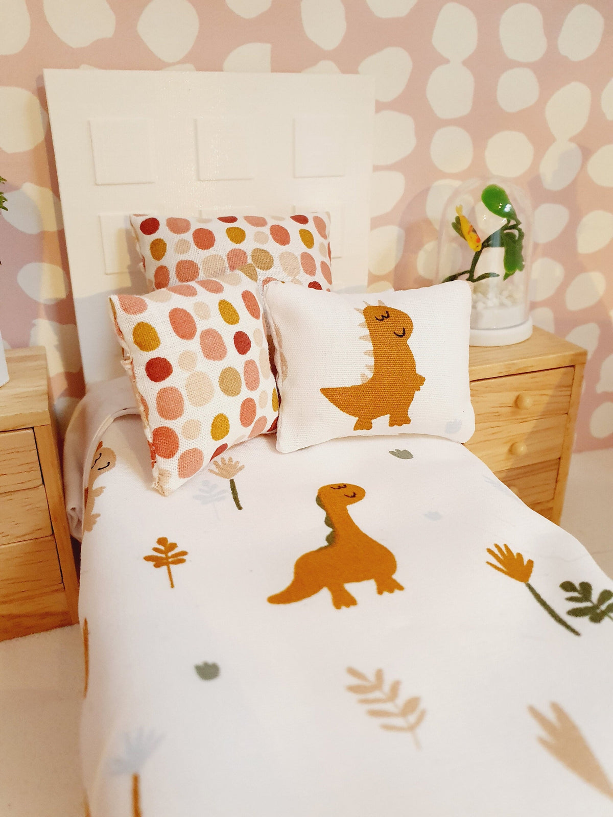 Dolls House Junior Bedding Set – Cute Dinosaur Theme, Handmade in England, 1:12 Scale