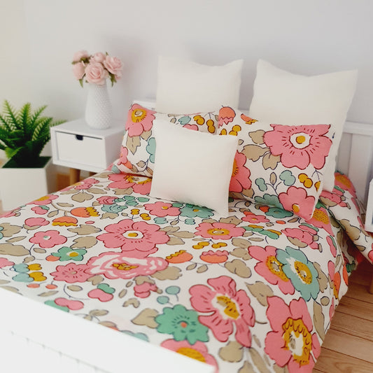 Dolls house 6 piece set, Double bedding, Liberty Betsy Light Pink floral print, 12th scale bedding, miniature bed set