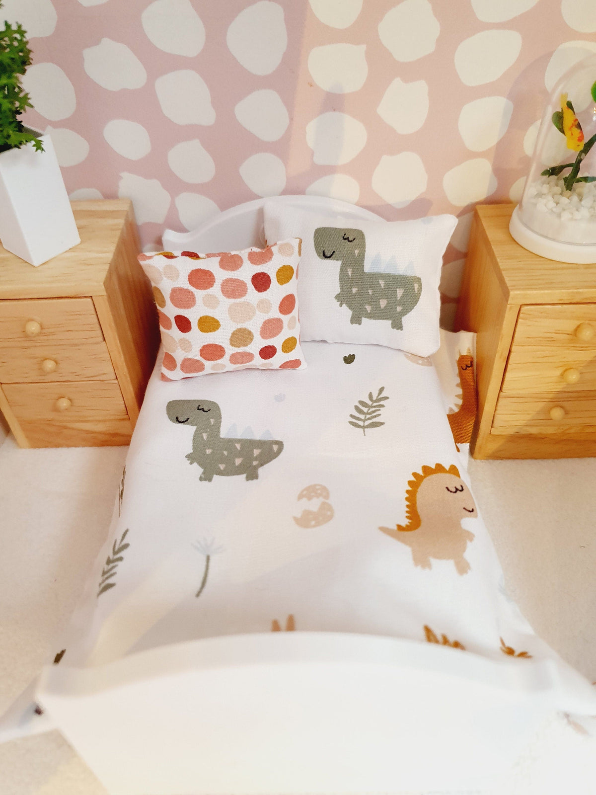 Dolls House Junior Bedding Set – Cute Dinosaur Theme, Handmade in England, 1:12 Scale