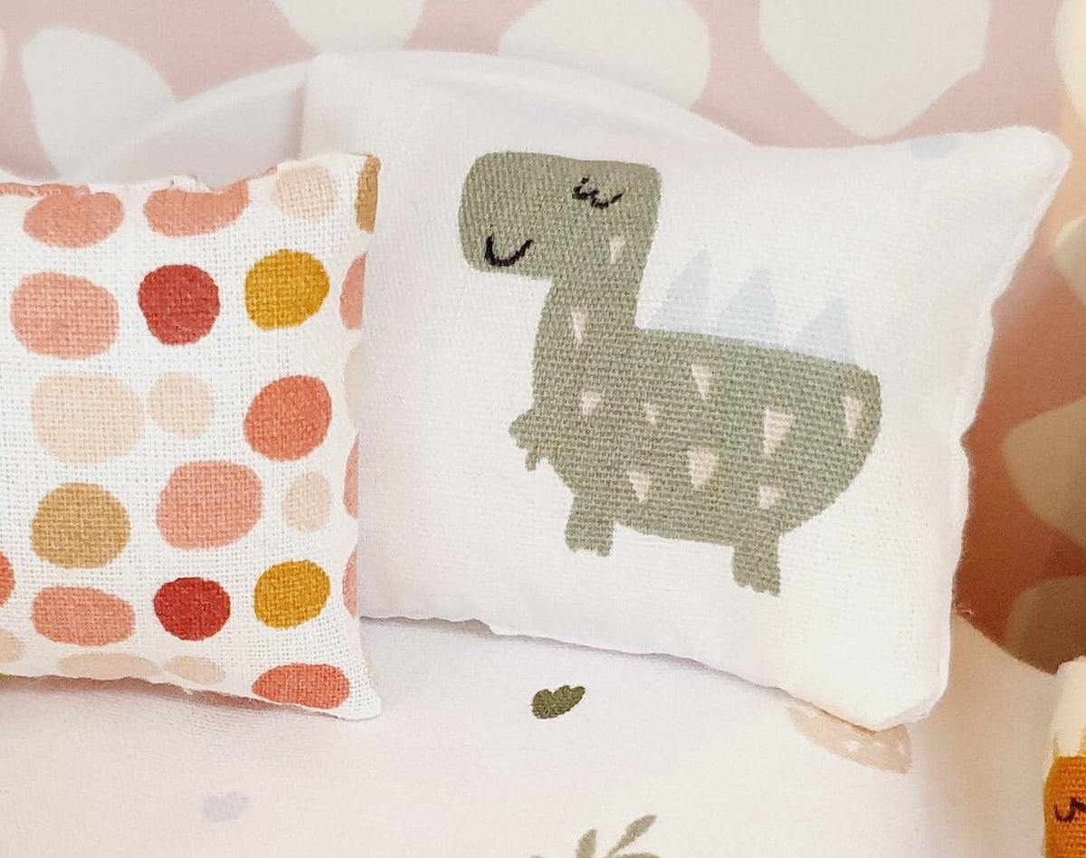 Dolls House Junior Bedding Set – Cute Dinosaur Theme, Handmade in England, 1:12 Scale