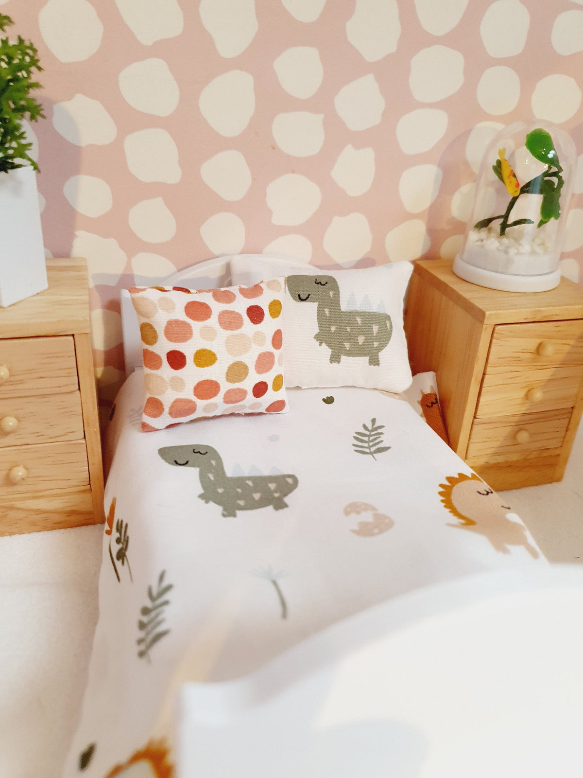 Dolls House Junior Bedding Set – Cute Dinosaur Theme, Handmade in England, 1:12 Scale