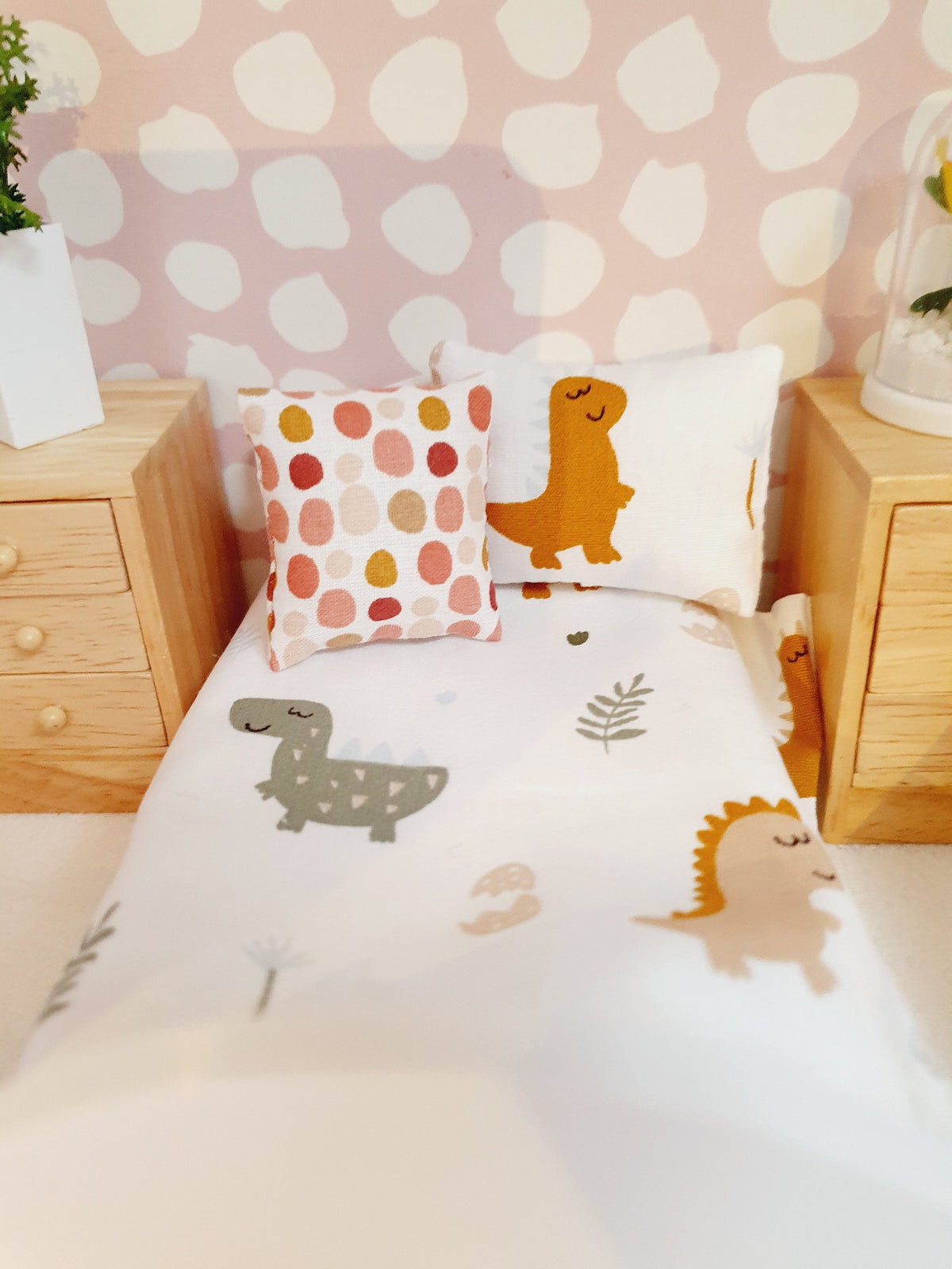 Dolls House Junior Bedding Set – Cute Dinosaur Theme, Handmade in England, 1:12 Scale