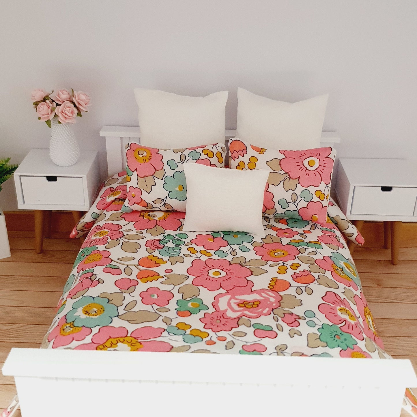 Dolls house 6 piece set, Double bedding, Liberty Betsy Light Pink floral print, 12th scale bedding, miniature bed set