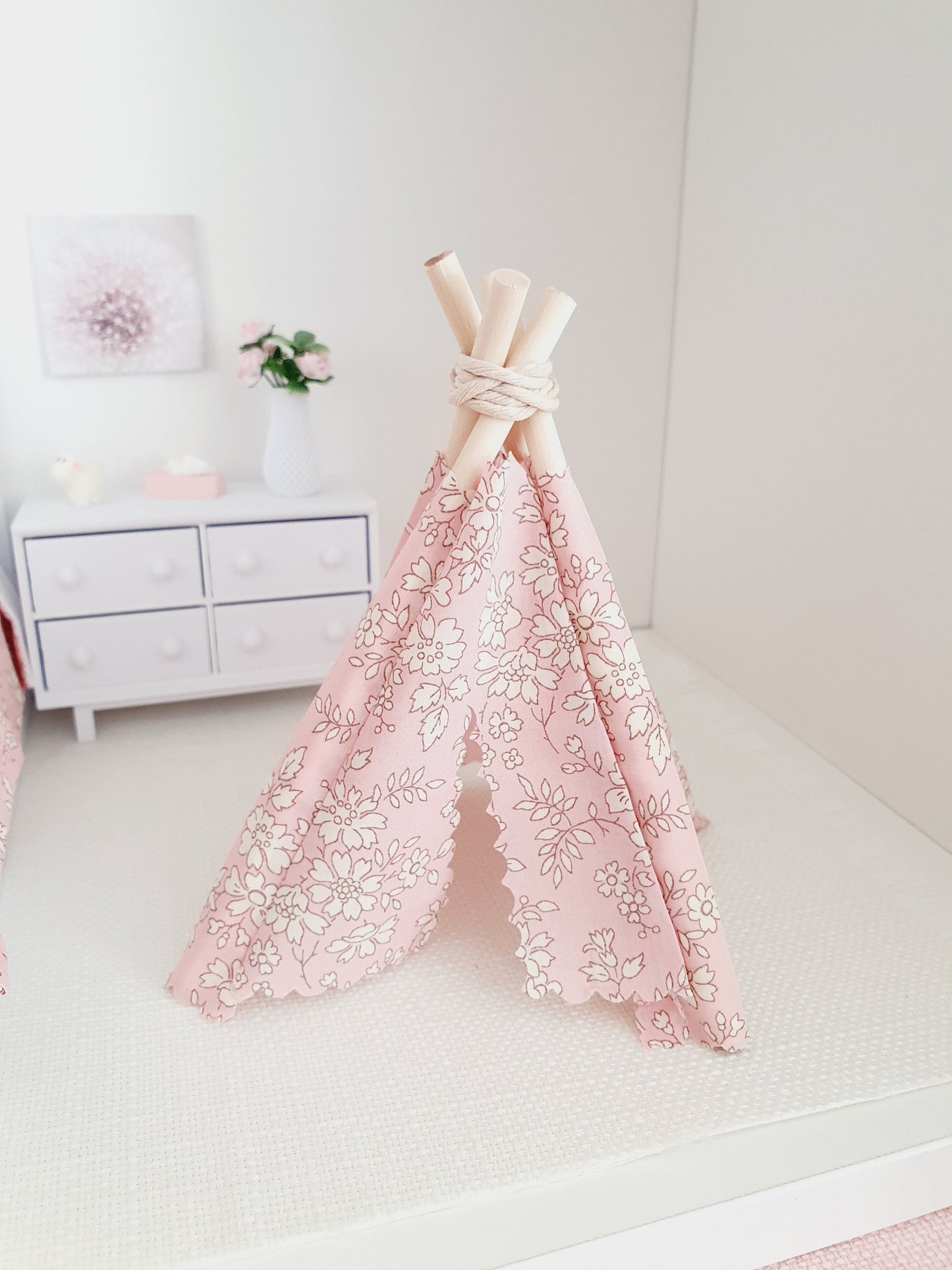 Dolls house Pretty Pink Liberty TeePee / Tent, Capel Pink Fabric, 12th scale tent, miniature teepee, Tipi, Tent