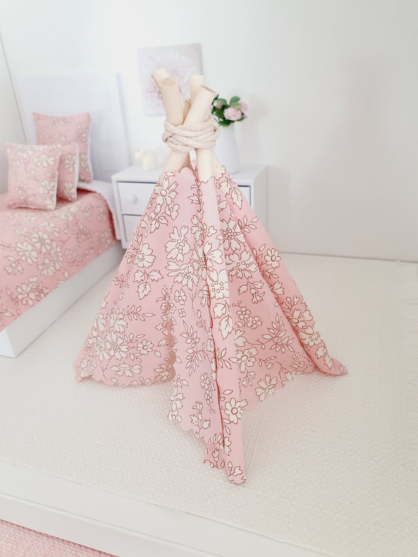 Dolls house Pretty Pink Liberty TeePee / Tent, Capel Pink Fabric, 12th scale tent, miniature teepee, Tipi, Tent