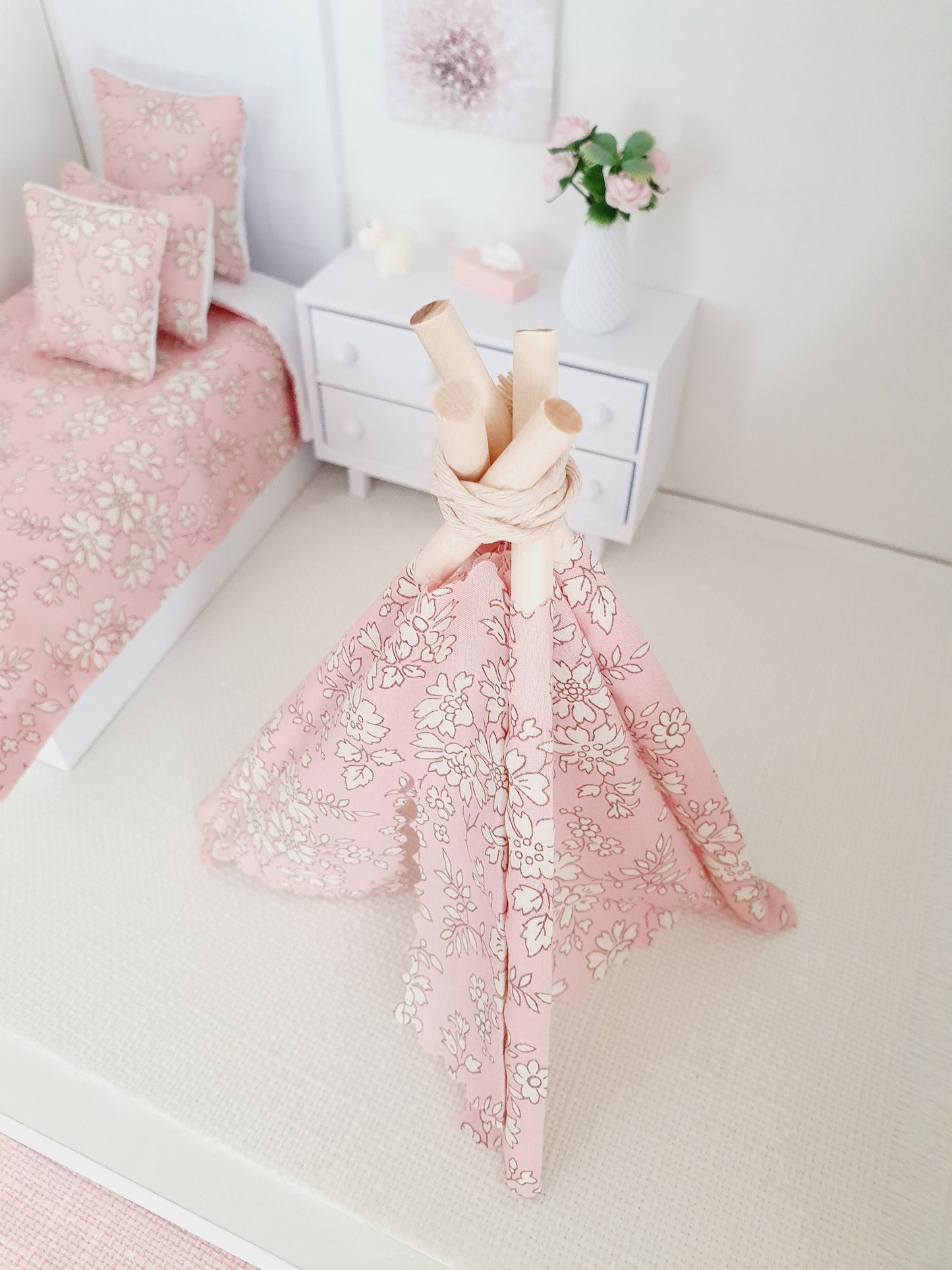 Dolls house Pretty Pink Liberty TeePee / Tent, Capel Pink Fabric, 12th scale tent, miniature teepee, Tipi, Tent