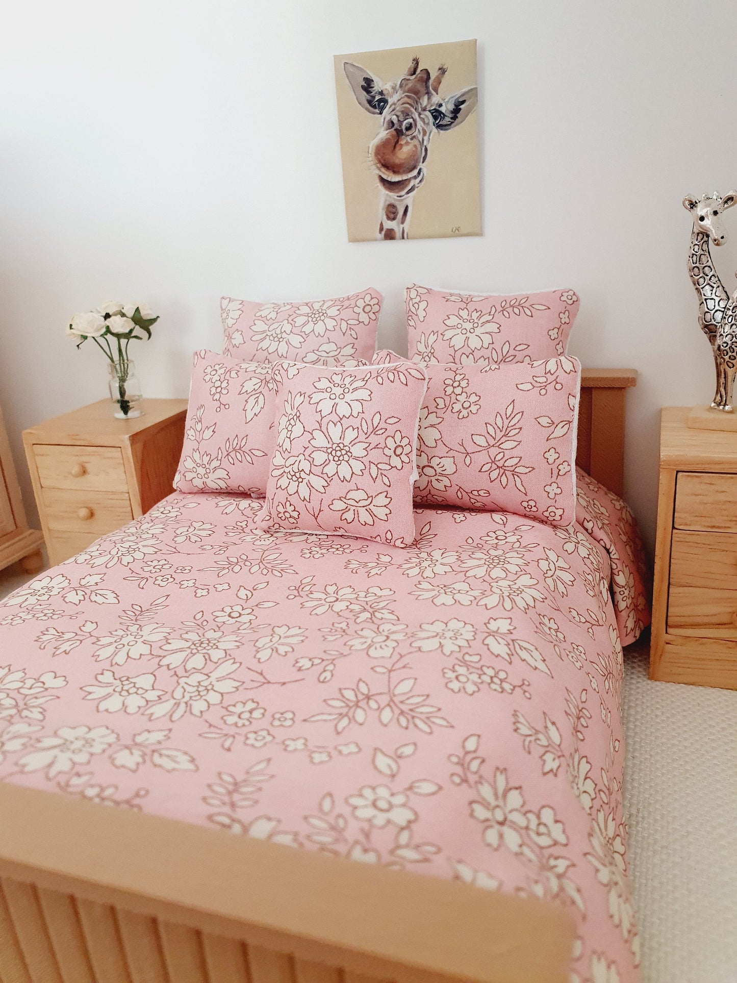 Dolls house 6 piece set, Double bedding, Liberty Pink floral print, 12th scale bedding, miniature bed set