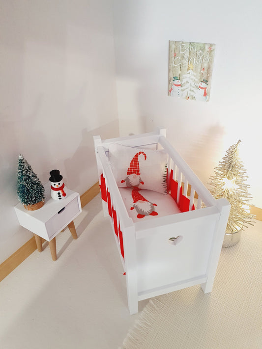 Dolls House Christmas Cot Bedding Set – Gnome Theme, Fun & Colourful, Handmade in England, 1:12 Scale