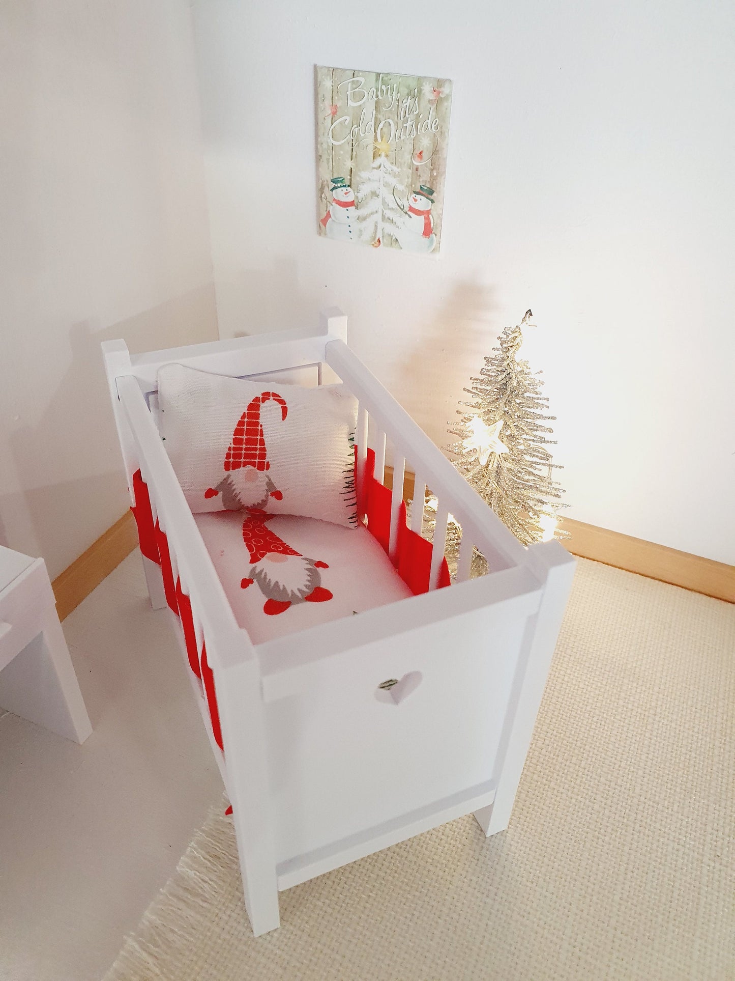 Dolls House Christmas Cot Bedding Set – Gnome Theme, Fun & Colourful, Handmade in England, 1:12 Scale