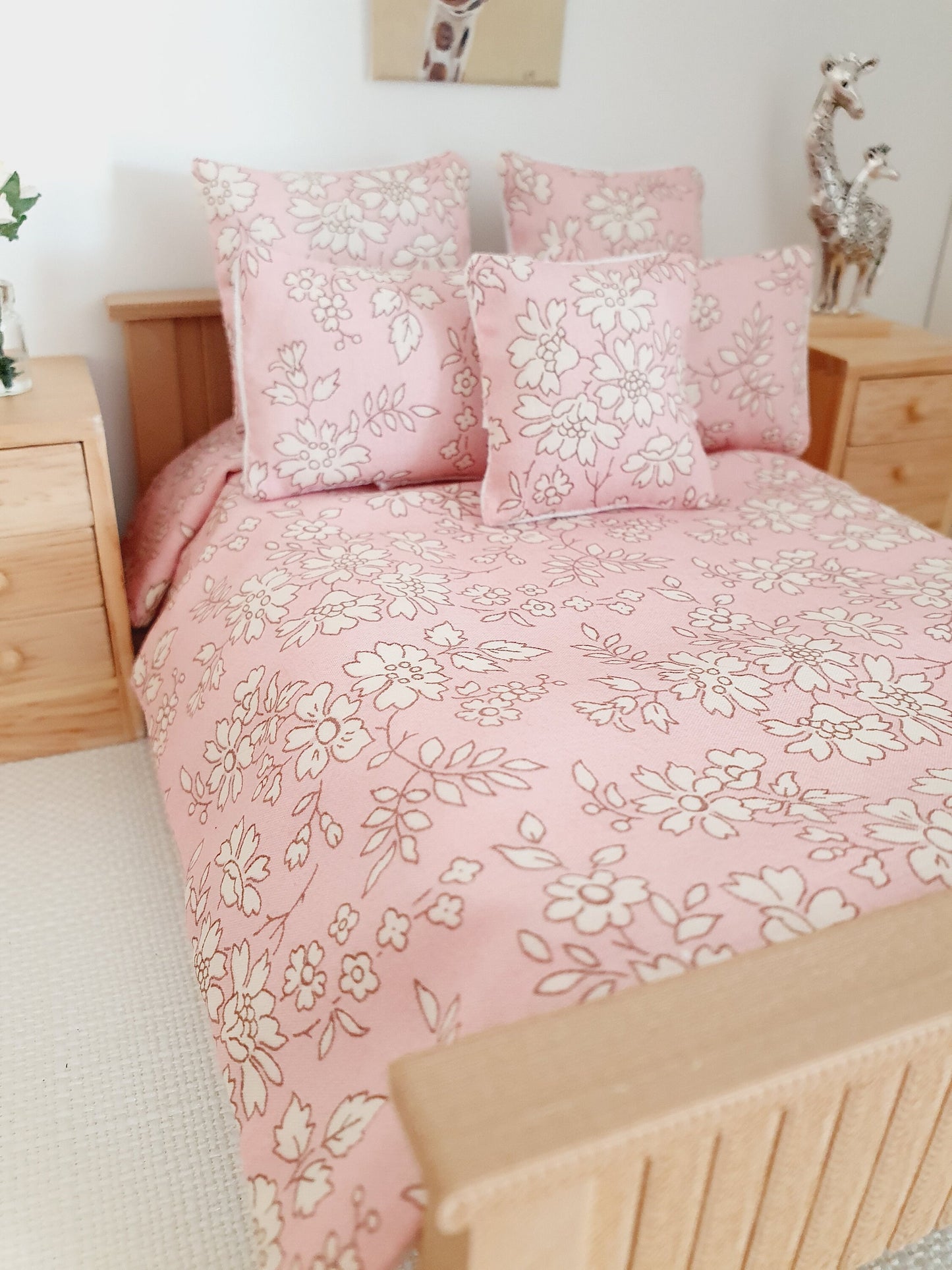 Dolls house 6 piece set, Double bedding, Liberty Pink floral print, 12th scale bedding, miniature bed set
