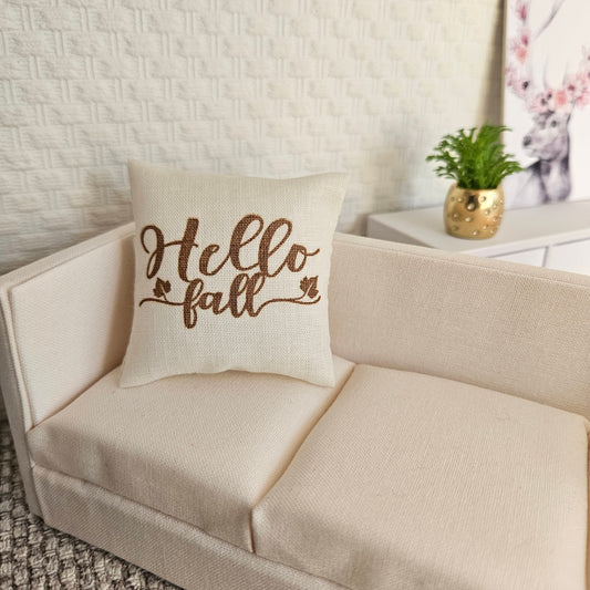 Dolls house Hello Fall Quote Cushion, Cream & Gold 12th scale cushions, miniature cushions