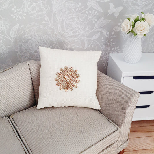 Dolls house Hessian Flower Cushion | Cream Cushion |  12th scale cushions, miniature cushion