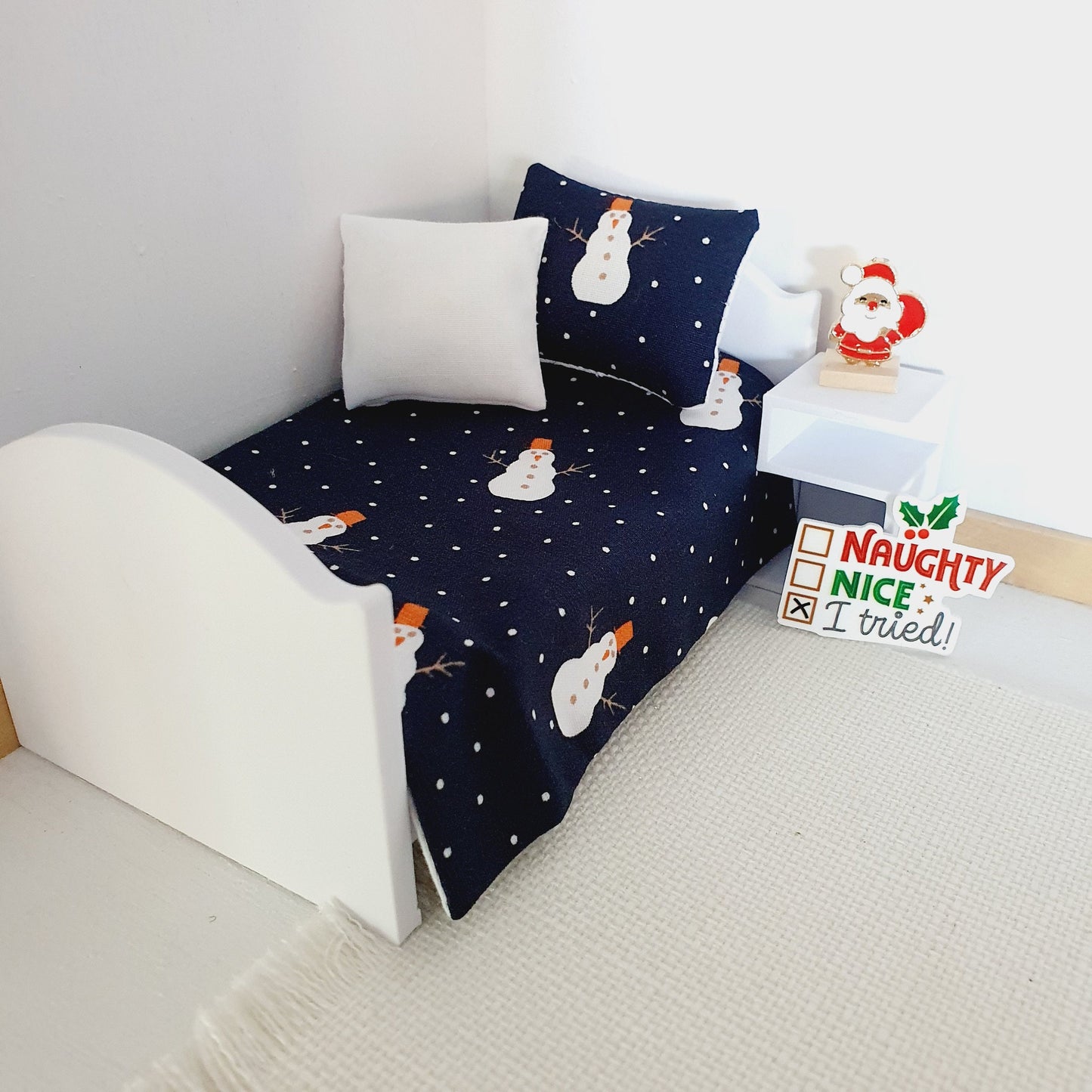 Dolls House Christmas Junior Bedding Set – Snowman & Snowflakes, Handmade in England, 1:12 Scale