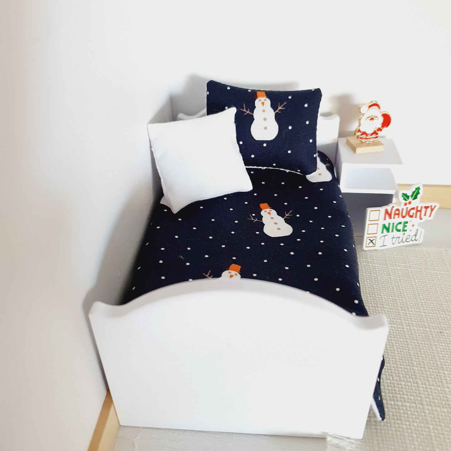 Dolls House Christmas Junior Bedding Set – Snowman & Snowflakes, Handmade in England, 1:12 Scale