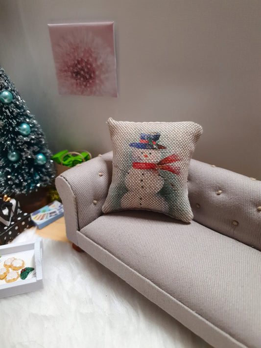 Title: Dolls House Cushion | Christmas Snowman Design | 1:12 Scale