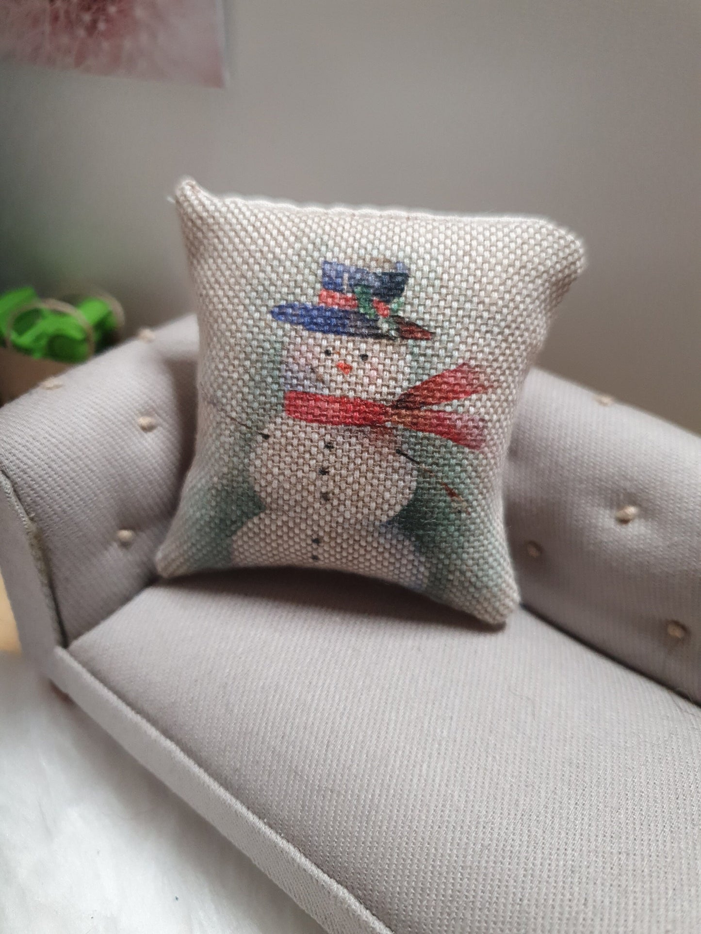 Title: Dolls House Cushion | Christmas Snowman Design | 1:12 Scale