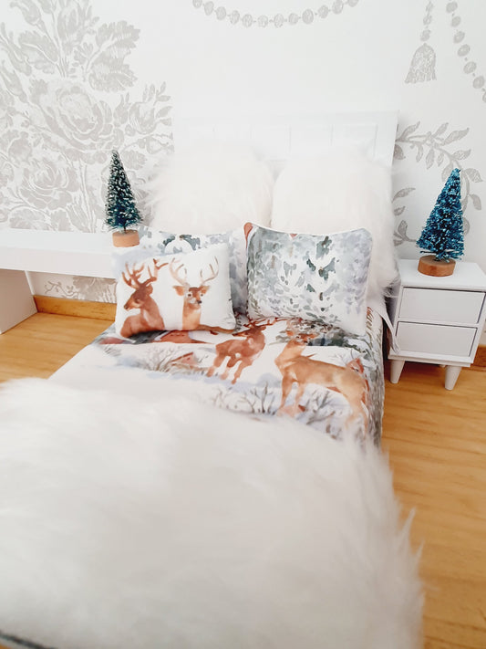 Dolls house Christmas Stag 6 Piece Double Bedding set, Soft Snowy White Fur Cushions & Throw, 12th scale bedding, miniature bed set