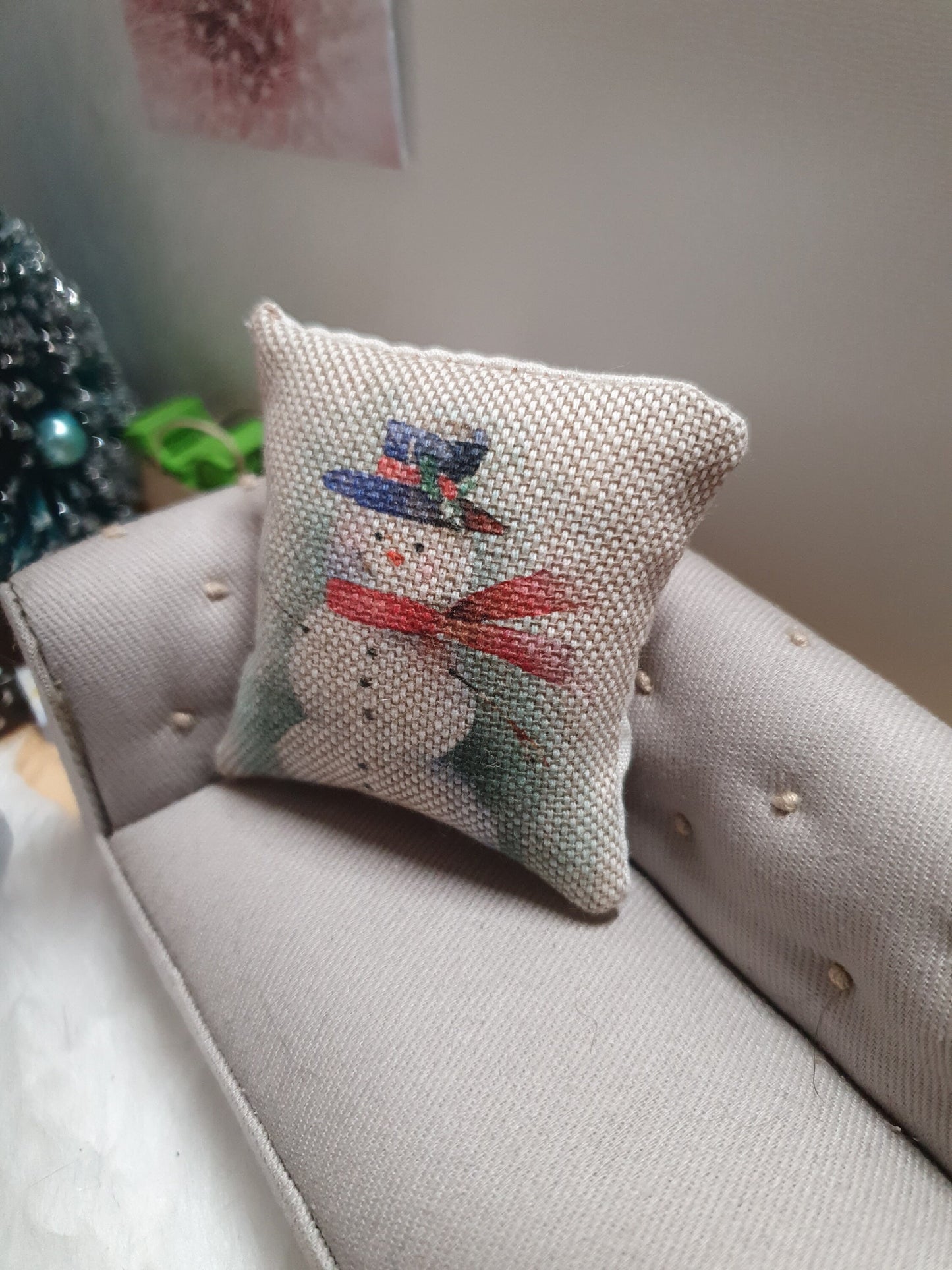 Title: Dolls House Cushion | Christmas Snowman Design | 1:12 Scale