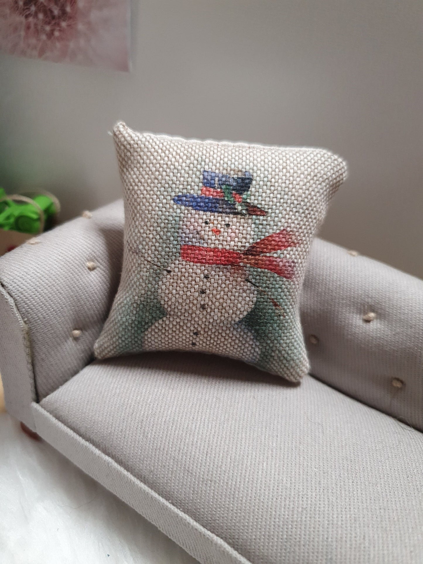 Title: Dolls House Cushion | Christmas Snowman Design | 1:12 Scale