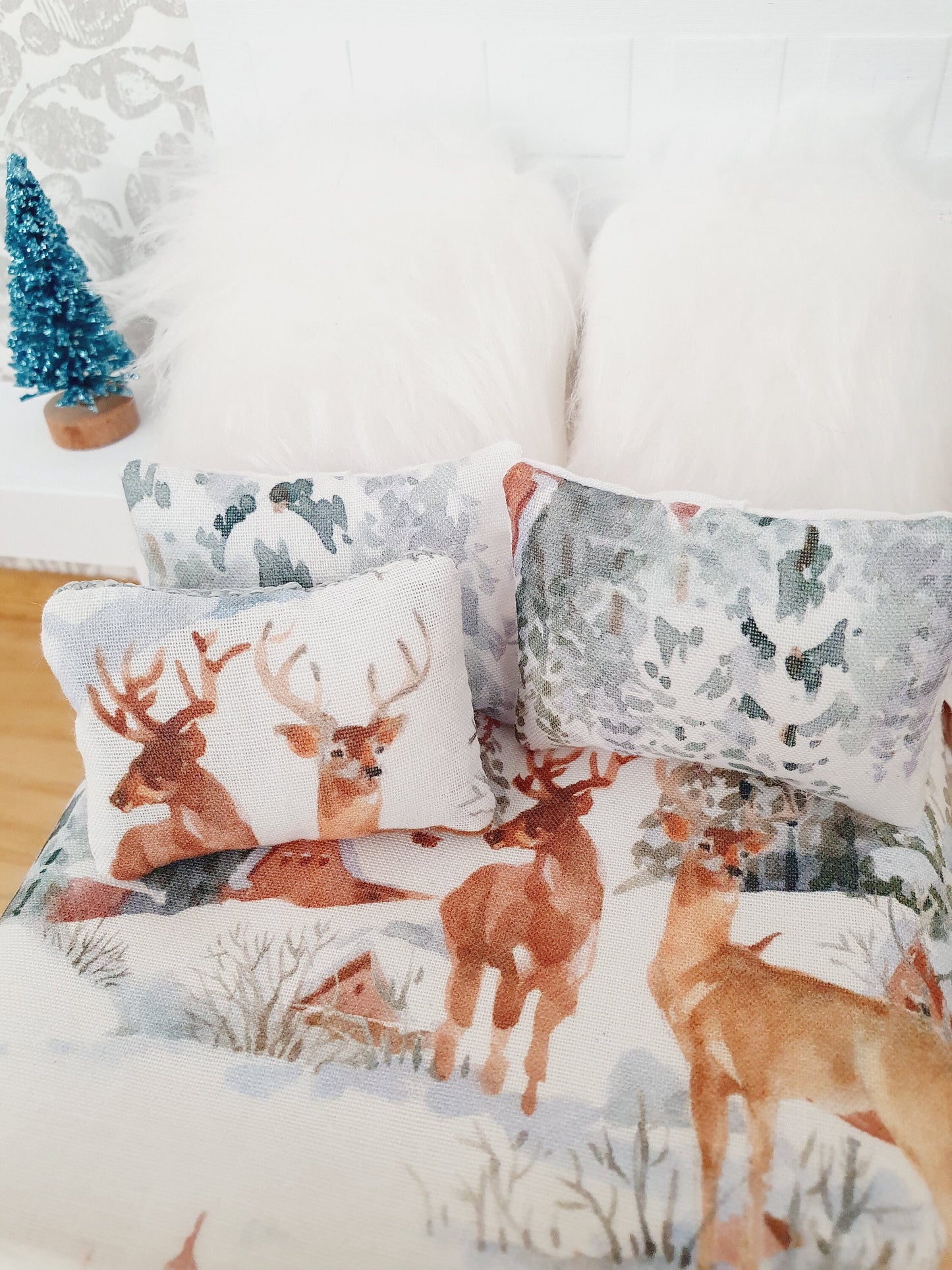 Dolls house Christmas Stag 6 Piece Double Bedding set, Soft Snowy White Fur Cushions & Throw, 12th scale bedding, miniature bed set