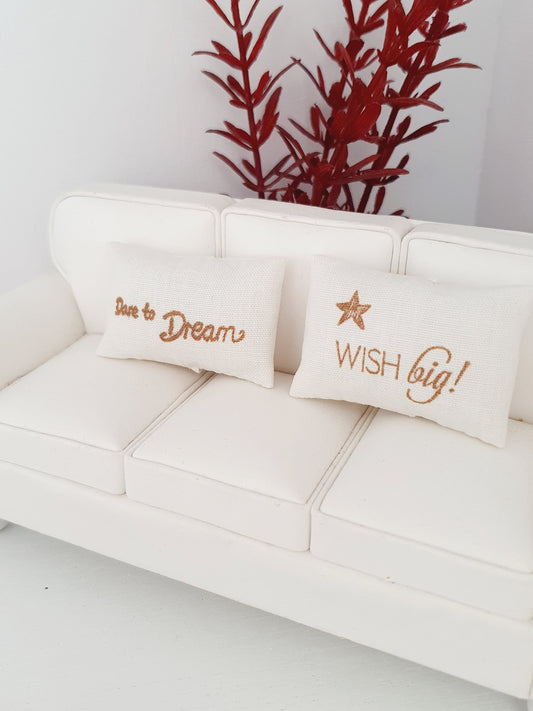 Dolls house Dare to Dream | Wish Big | Pair Quote Cushions | 12th scale cushions, miniature cushions
