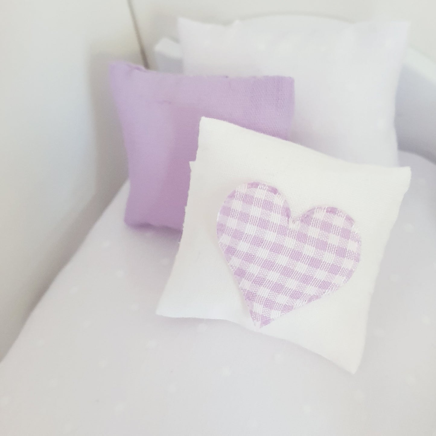Dolls house 2x Cushions with 1x Lilac, 1x White with Lilac Checked Heart Cushion, 12th scale cushions, miniature cushions