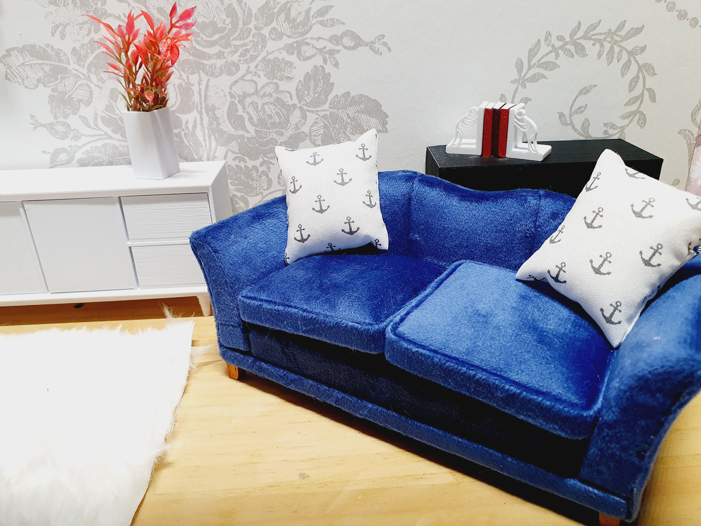 Dolls house Anchor Cushions Pair | White and Grey | 12th Scale Cushions, Miniature Cushions