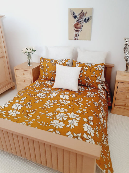 Dolls house 6 piece set, Double bedding, Liberty Mustard floral print, 12th scale bedding, miniature bed set