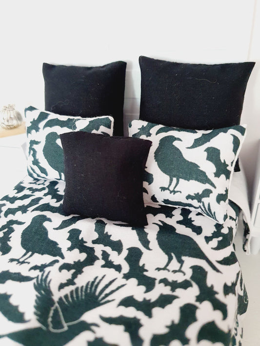 Dolls house Halloween 6 piece set, Double bedding, Black Crow print, 12th scale bedding, miniature bed set