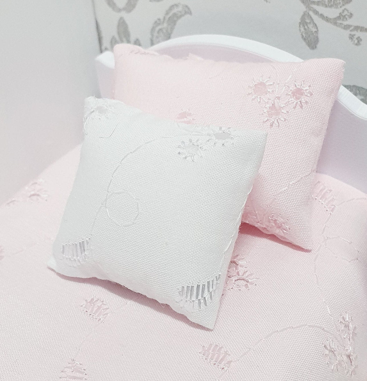 Dolls House Junior Bedding Set – Floral Leaf Design, 4 Colour Options, Handmade in England, 1:12 Scale