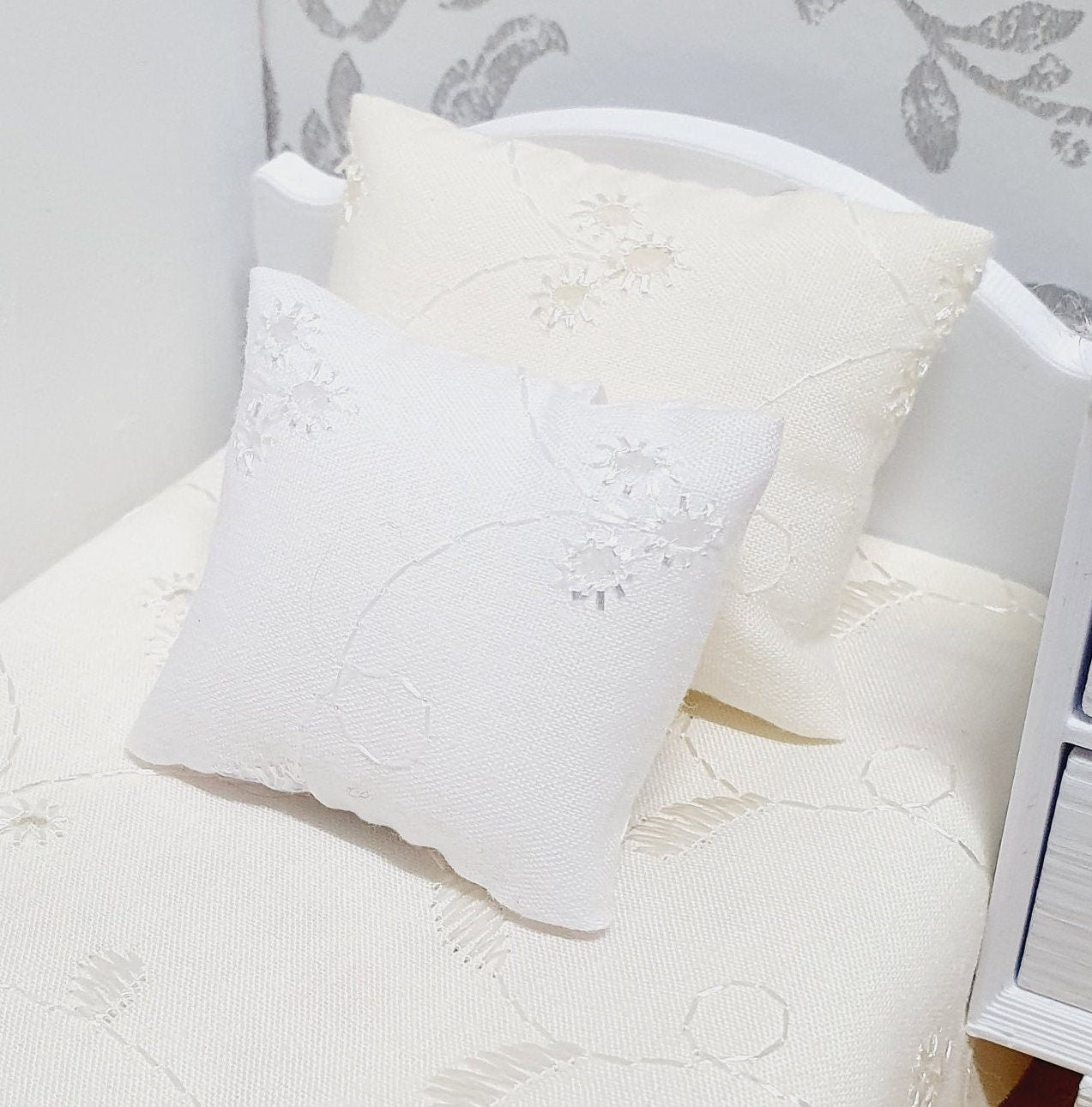 Dolls House Junior Bedding Set – Floral Leaf Design, 4 Colour Options, Handmade in England, 1:12 Scale