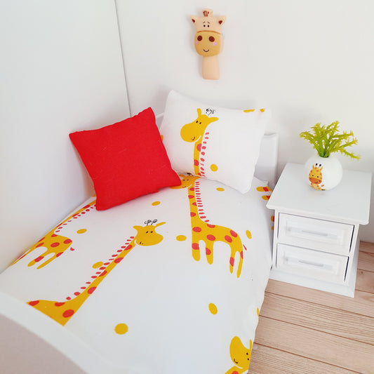 Dolls House Junior Bedding Set – Fun Giraffe Theme, Handmade in England, 1:12 Scale
