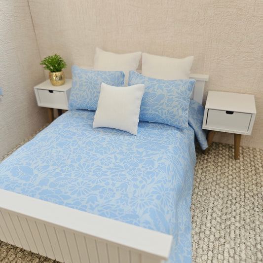 Dolls house 6 piece set, Double bedding, Liberty Blue floral print, 12th scale bedding, miniature bed set