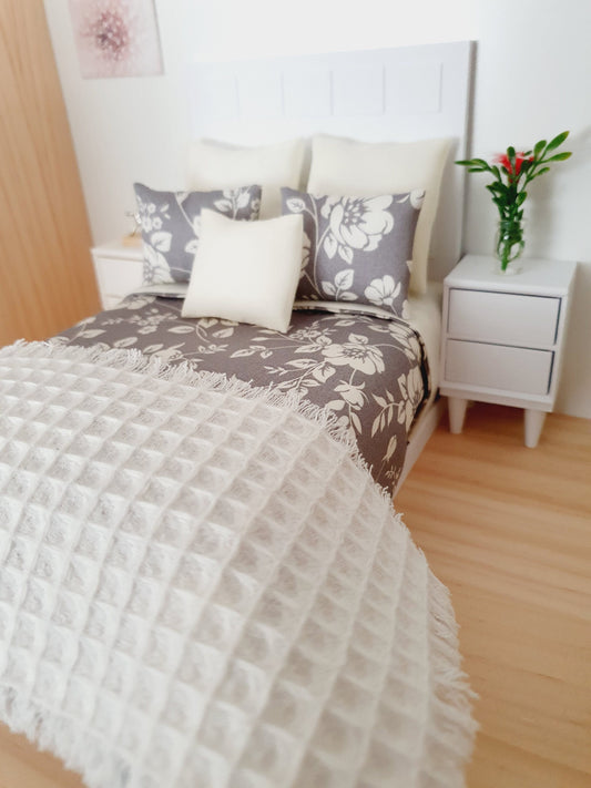 Dolls house 7 piece set, Double bedding, Grey Floral double bedding set, 12th scale bedding, miniature bed set