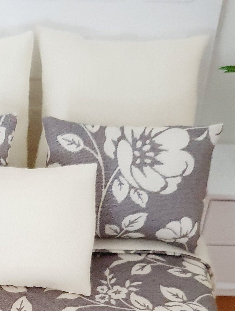 Dolls house 7 piece set, Double bedding, Grey Floral double bedding set, 12th scale bedding, miniature bed set