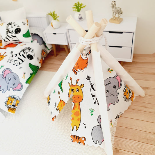 Dolls house Cute Safari Teepee / Tent & Floor cushion, 12th scale tent, miniature teepee, Tipi, Tent