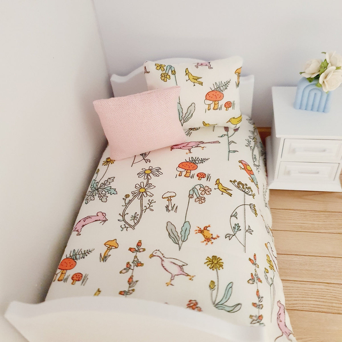Dolls House Junior Bedding Set – Liberty Theo Ducks, Toadstools & Birds, Handmade in England, 1:12 Scale