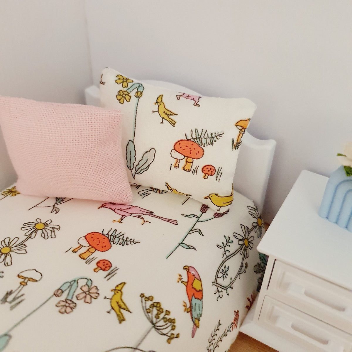 Dolls House Junior Bedding Set – Liberty Theo Ducks, Toadstools & Birds, Handmade in England, 1:12 Scale