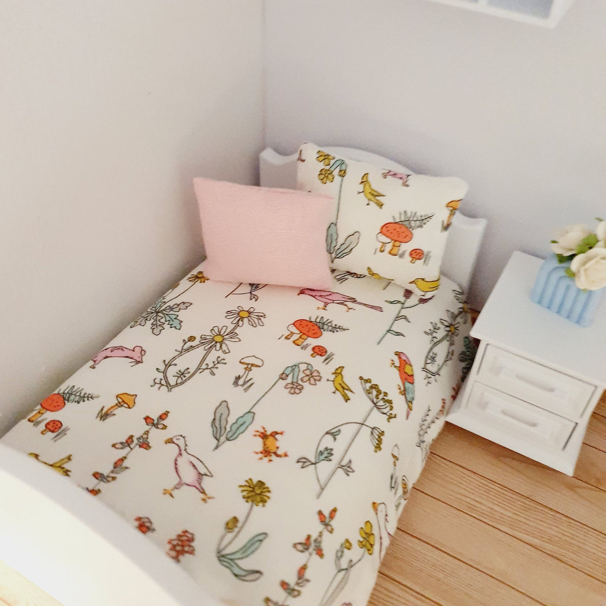 Dolls House Junior Bedding Set – Liberty Theo Ducks, Toadstools & Birds, Handmade in England, 1:12 Scale