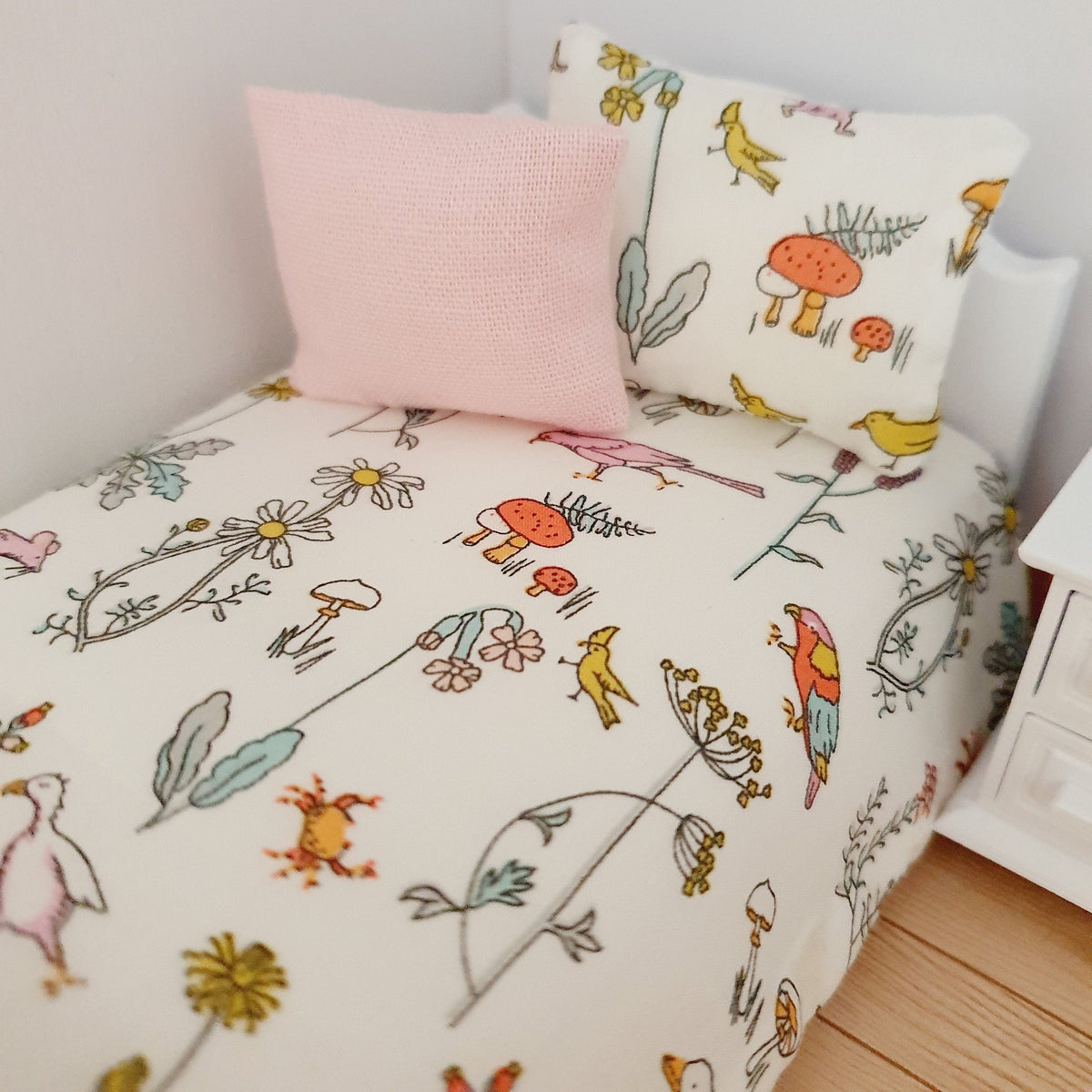 Dolls House Junior Bedding Set – Liberty Theo Ducks, Toadstools & Birds, Handmade in England, 1:12 Scale
