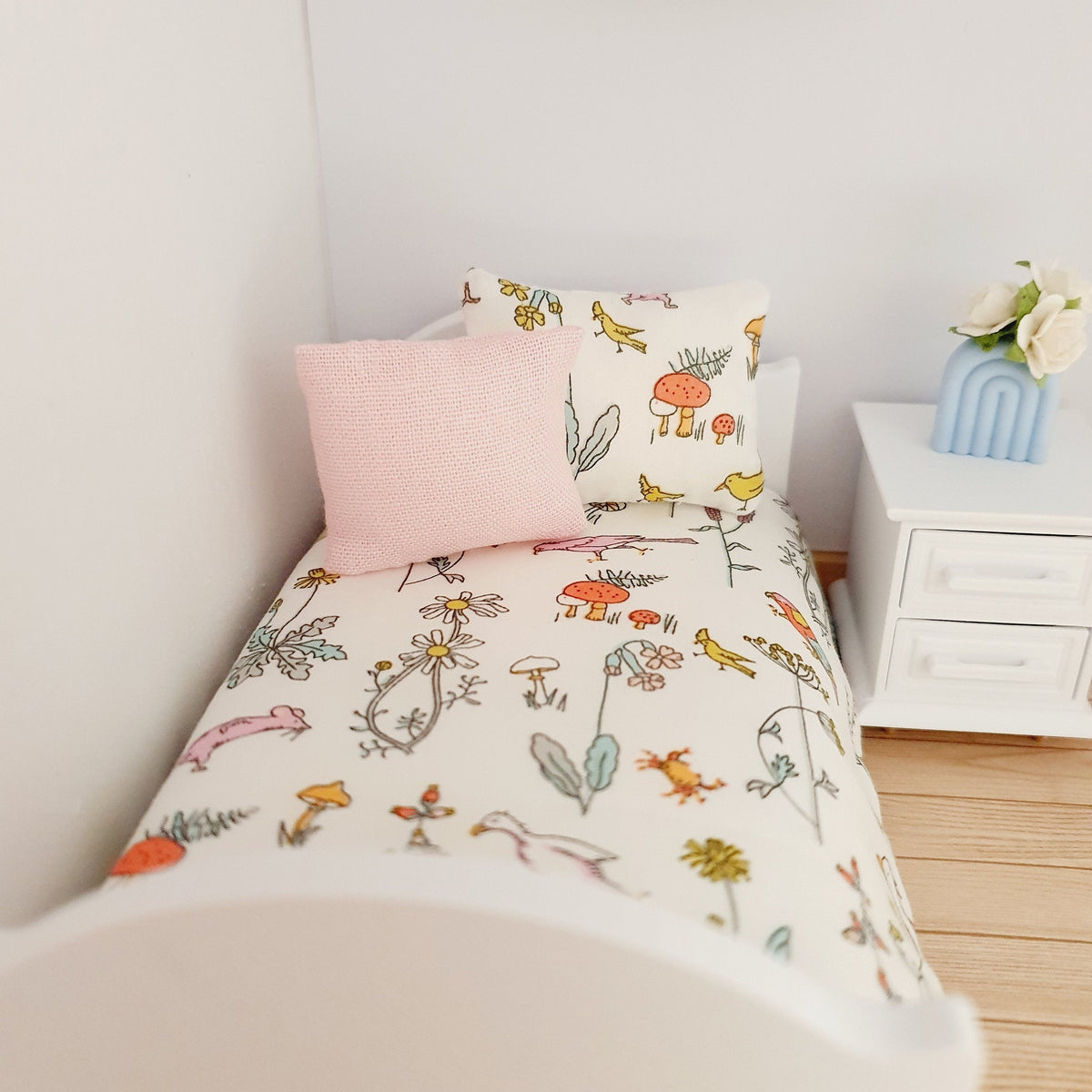 Dolls House Junior Bedding Set – Liberty Theo Ducks, Toadstools & Birds, Handmade in England, 1:12 Scale