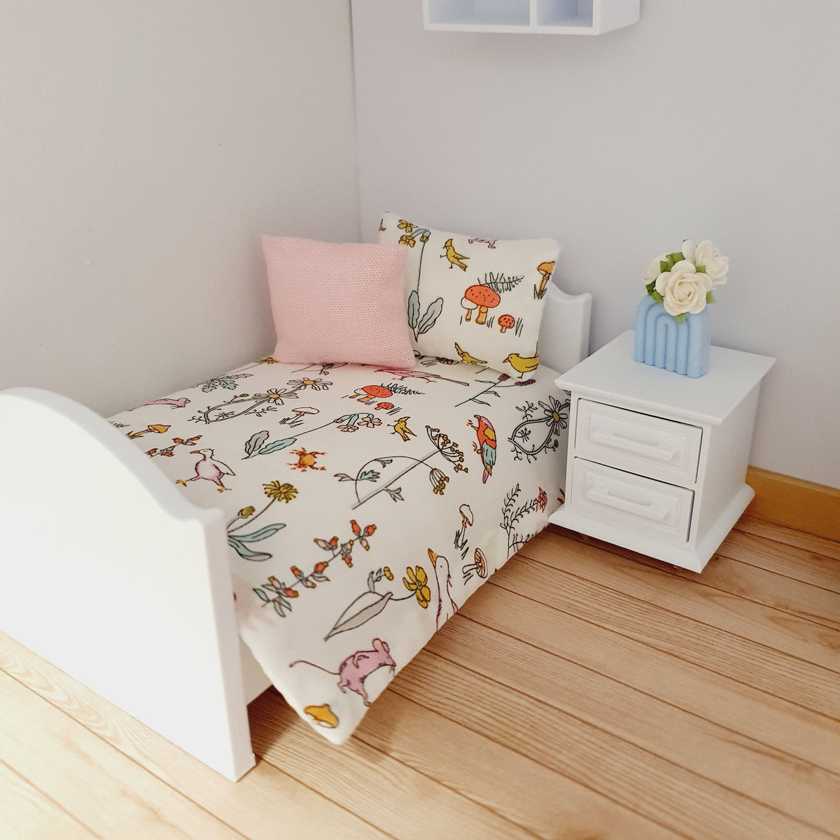Dolls House Junior Bedding Set – Liberty Theo Ducks, Toadstools & Birds, Handmade in England, 1:12 Scale