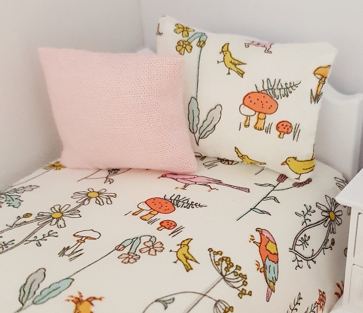 Dolls House Junior Bedding Set – Liberty Theo Ducks, Toadstools & Birds, Handmade in England, 1:12 Scale