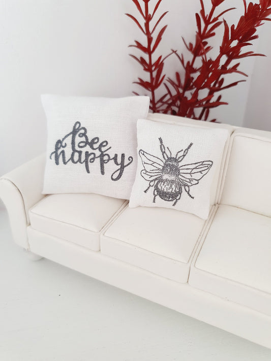 Dolls house Bee & Bee Happy Cushion Pair, 12th scale cushions, miniature cushions