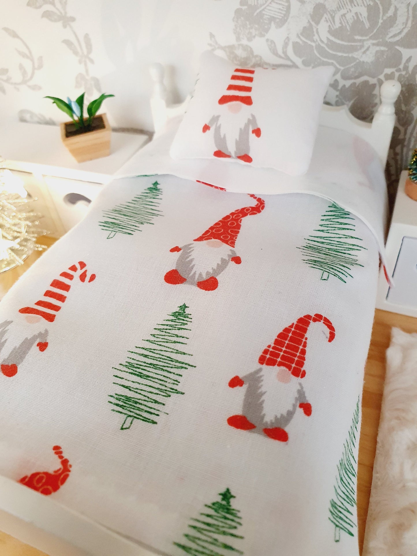 Dolls House Christmas Junior Bedding Set – Gonk Santa Pillow & Red Cushion, Handmade in England, 1:12 Scale