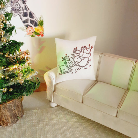 Dolls house Christmas Mouse and Reindeer Cushion, 12th scale cushions, Miniature Christmas cushion