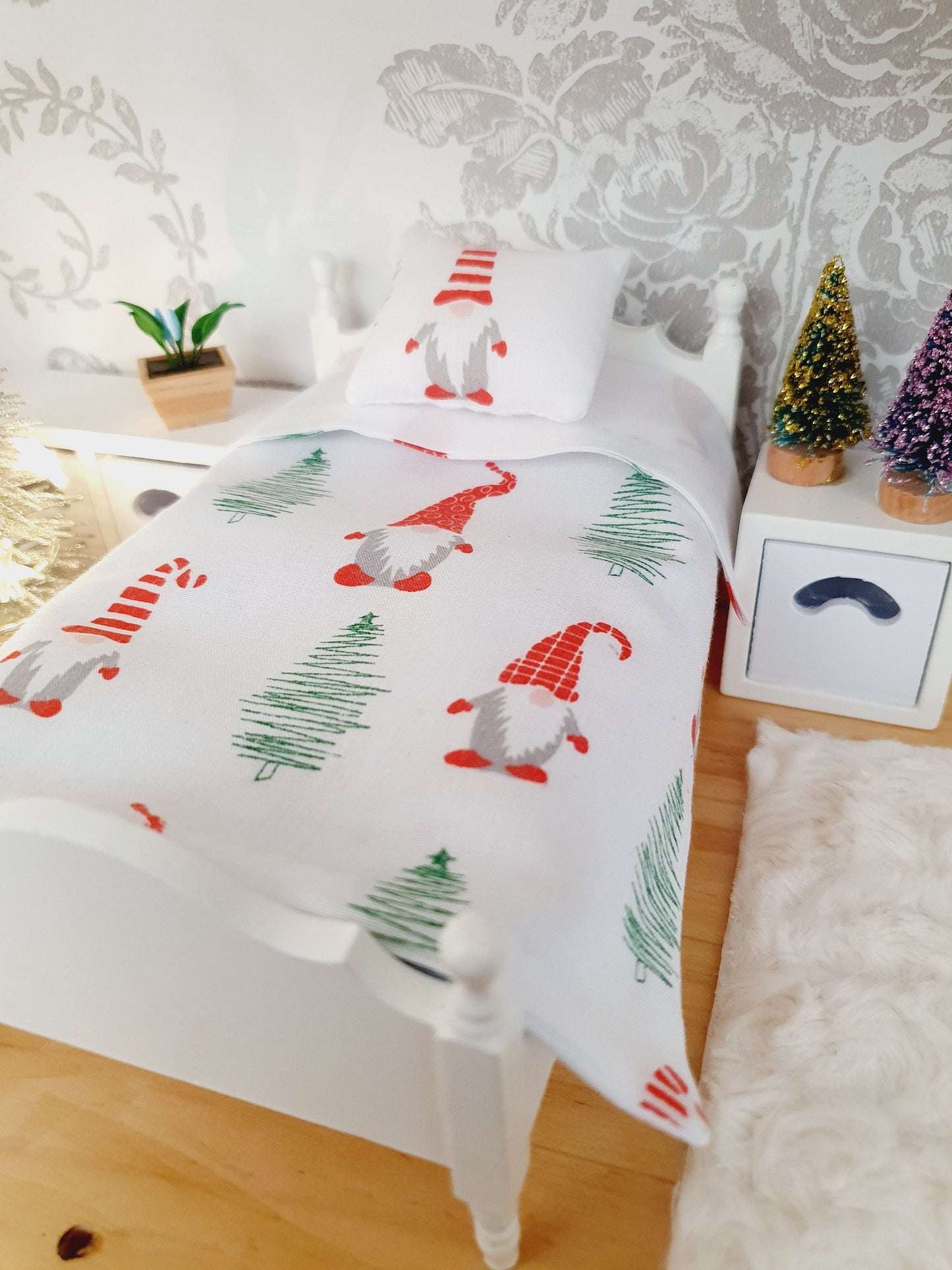 Dolls House Christmas Junior Bedding Set – Gonk Santa Pillow & Red Cushion, Handmade in England, 1:12 Scale